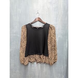 Kim & Cami Knit Top Size Medium Large Sheer Leopard Print Sleeves Peplum Hem